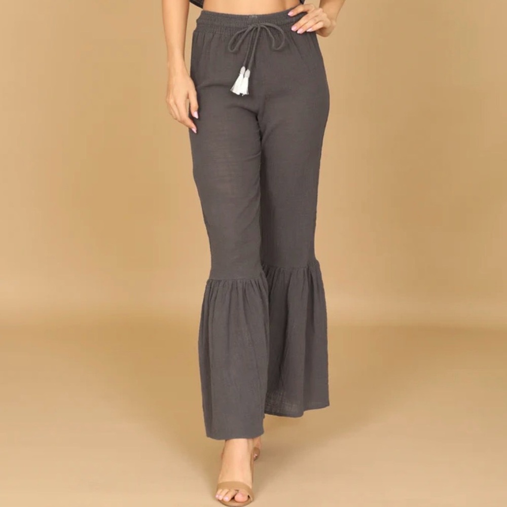 NWT Ruffle Hem Bohemian Drawstring Pants Lightweight 100% Cotton